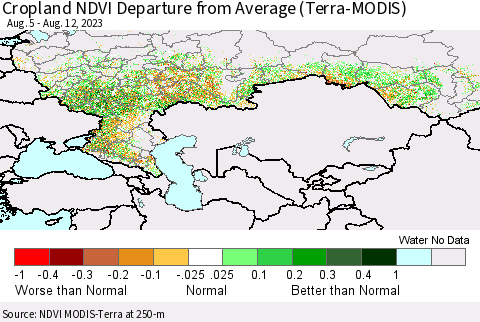 Russian Federation Cropland NDVI Departure from Average (Terra-MODIS) Thematic Map For 8/5/2023 - 8/12/2023