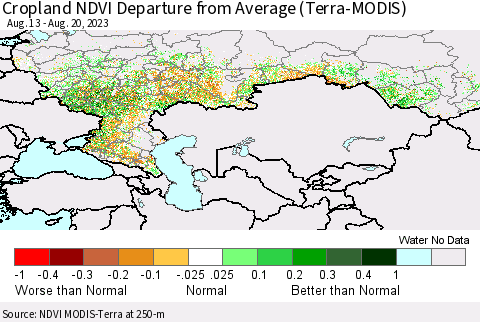 Russian Federation Cropland NDVI Departure from Average (Terra-MODIS) Thematic Map For 8/13/2023 - 8/20/2023
