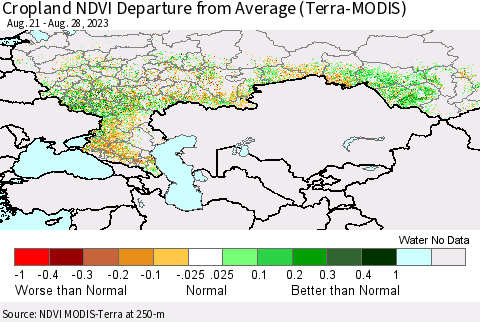 Russian Federation Cropland NDVI Departure from Average (Terra-MODIS) Thematic Map For 8/21/2023 - 8/28/2023