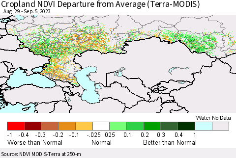 Russian Federation Cropland NDVI Departure from Average (Terra-MODIS) Thematic Map For 8/29/2023 - 9/5/2023