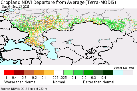 Russian Federation Cropland NDVI Departure from Average (Terra-MODIS) Thematic Map For 9/6/2023 - 9/13/2023