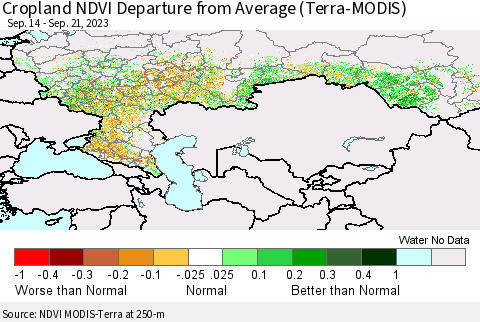Russian Federation Cropland NDVI Departure from Average (Terra-MODIS) Thematic Map For 9/14/2023 - 9/21/2023