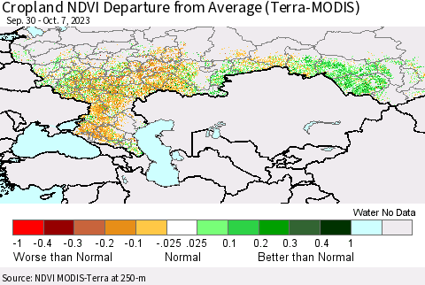 Russian Federation Cropland NDVI Departure from Average (Terra-MODIS) Thematic Map For 9/30/2023 - 10/7/2023