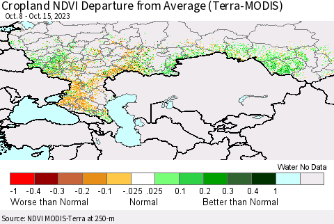 Russian Federation Cropland NDVI Departure from Average (Terra-MODIS) Thematic Map For 10/8/2023 - 10/15/2023