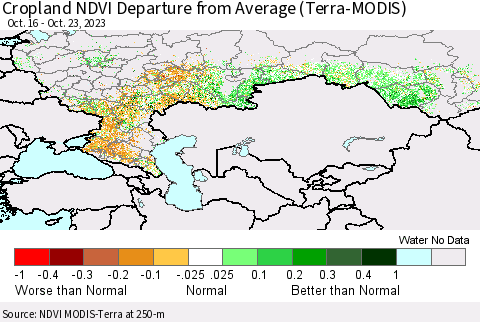 Russian Federation Cropland NDVI Departure from Average (Terra-MODIS) Thematic Map For 10/16/2023 - 10/23/2023
