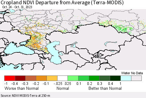 Russian Federation Cropland NDVI Departure from Average (Terra-MODIS) Thematic Map For 10/24/2023 - 10/31/2023