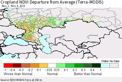 Russian Federation Cropland NDVI Departure from Average (Terra-MODIS) Thematic Map For 11/1/2023 - 11/8/2023