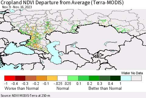 Russian Federation Cropland NDVI Departure from Average (Terra-MODIS) Thematic Map For 11/9/2023 - 11/16/2023