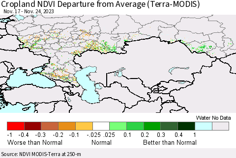 Russian Federation Cropland NDVI Departure from Average (Terra-MODIS) Thematic Map For 11/17/2023 - 11/24/2023