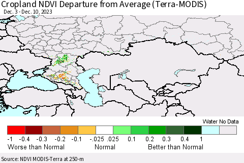 Russian Federation Cropland NDVI Departure from Average (Terra-MODIS) Thematic Map For 12/3/2023 - 12/10/2023