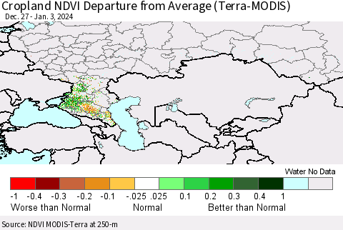 Russian Federation Cropland NDVI Departure from Average (Terra-MODIS) Thematic Map For 12/27/2023 - 1/3/2024