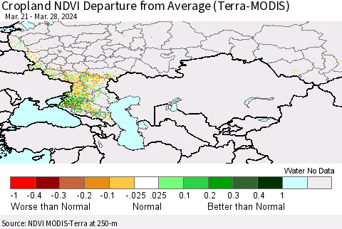 Russian Federation Cropland NDVI Departure from Average (Terra-MODIS) Thematic Map For 3/21/2024 - 3/28/2024