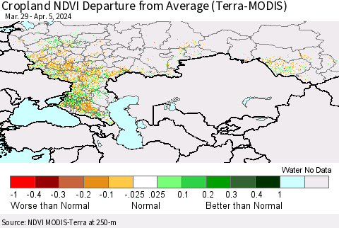 Russian Federation Cropland NDVI Departure from Average (Terra-MODIS) Thematic Map For 3/29/2024 - 4/5/2024