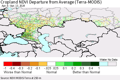 Russian Federation Cropland NDVI Departure from Average (Terra-MODIS) Thematic Map For 4/6/2024 - 4/13/2024