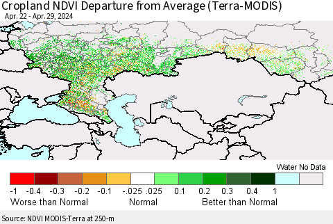 Russian Federation Cropland NDVI Departure from Average (Terra-MODIS) Thematic Map For 4/22/2024 - 4/29/2024