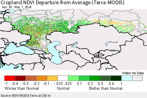 Russian Federation Cropland NDVI Departure from Average (Terra-MODIS) Thematic Map For 4/30/2024 - 5/7/2024