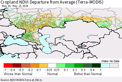 Russian Federation Cropland NDVI Departure from Average (Terra-MODIS) Thematic Map For 5/16/2024 - 5/23/2024