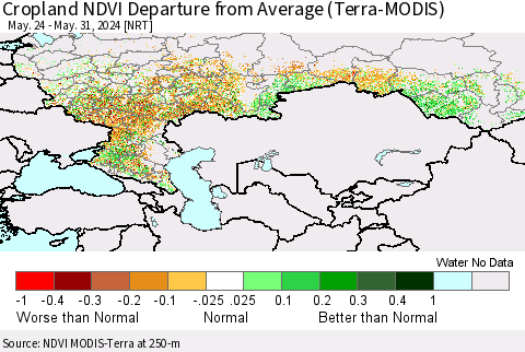 Russian Federation Cropland NDVI Departure from Average (Terra-MODIS) Thematic Map For 5/24/2024 - 5/31/2024