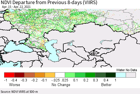 Russian Federation NDVI Departure from Previous 8-days (VIIRS) Thematic Map For 4/15/2021 - 4/22/2021