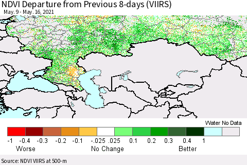 Russian Federation NDVI Departure from Previous 8-days (VIIRS) Thematic Map For 5/9/2021 - 5/16/2021
