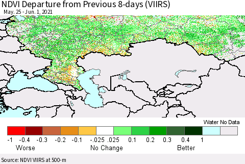 Russian Federation NDVI Departure from Previous 8-days (VIIRS) Thematic Map For 5/25/2021 - 6/1/2021