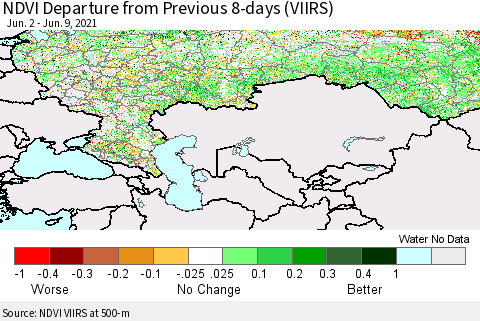 Russian Federation NDVI Departure from Previous 8-days (VIIRS) Thematic Map For 6/2/2021 - 6/9/2021