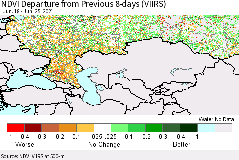 Russian Federation NDVI Departure from Previous 8-days (VIIRS) Thematic Map For 6/18/2021 - 6/25/2021