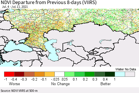 Russian Federation NDVI Departure from Previous 8-days (VIIRS) Thematic Map For 7/4/2021 - 7/11/2021