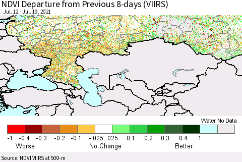 Russian Federation NDVI Departure from Previous 8-days (VIIRS) Thematic Map For 7/12/2021 - 7/19/2021