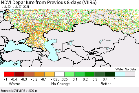 Russian Federation NDVI Departure from Previous 8-days (VIIRS) Thematic Map For 7/20/2021 - 7/27/2021