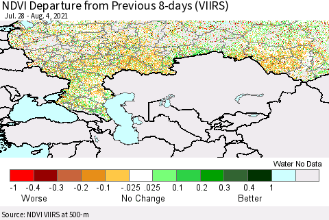 Russian Federation NDVI Departure from Previous 8-days (VIIRS) Thematic Map For 7/28/2021 - 8/4/2021