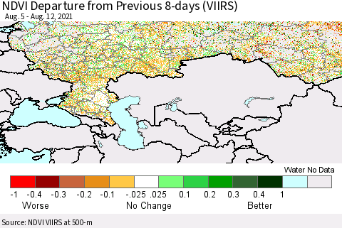 Russian Federation NDVI Departure from Previous 8-days (VIIRS) Thematic Map For 8/5/2021 - 8/12/2021