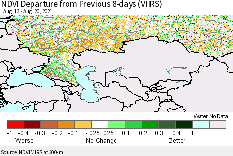 Russian Federation NDVI Departure from Previous 8-days (VIIRS) Thematic Map For 8/13/2021 - 8/20/2021