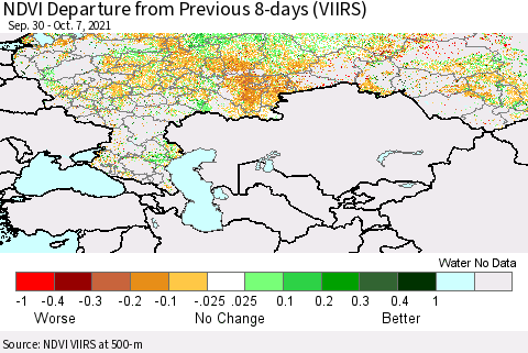 Russian Federation NDVI Departure from Previous 8-days (VIIRS) Thematic Map For 9/30/2021 - 10/7/2021