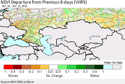 Russian Federation NDVI Departure from Previous 8-days (VIIRS) Thematic Map For 10/16/2021 - 10/23/2021