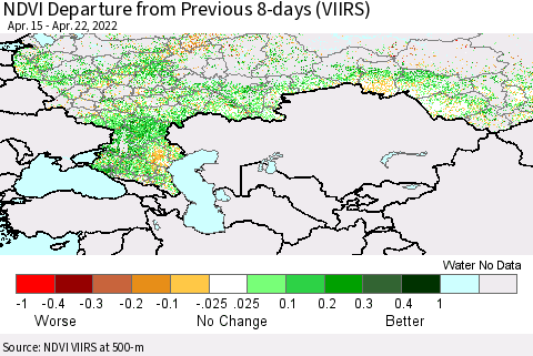 Russian Federation NDVI Departure from Previous 8-days (VIIRS) Thematic Map For 4/15/2022 - 4/22/2022