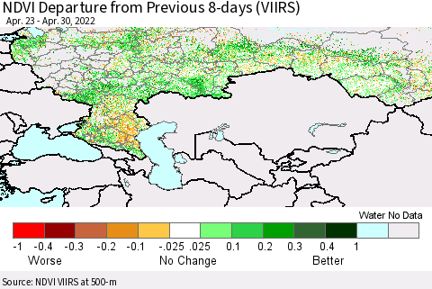 Russian Federation NDVI Departure from Previous 8-days (VIIRS) Thematic Map For 4/23/2022 - 4/30/2022