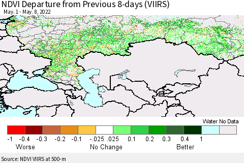 Russian Federation NDVI Departure from Previous 8-days (VIIRS) Thematic Map For 5/1/2022 - 5/8/2022