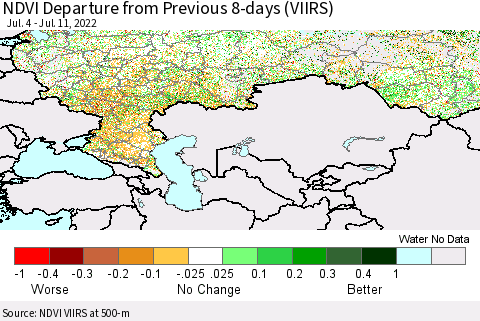 Russian Federation NDVI Departure from Previous 8-days (VIIRS) Thematic Map For 7/4/2022 - 7/11/2022