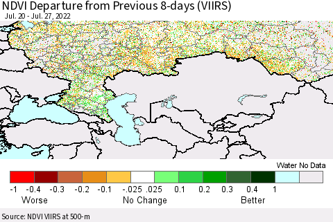 Russian Federation NDVI Departure from Previous 8-days (VIIRS) Thematic Map For 7/20/2022 - 7/27/2022