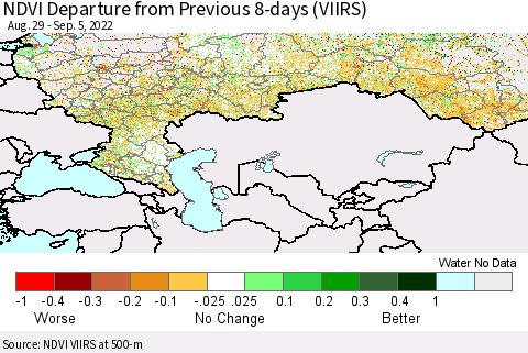 Russian Federation NDVI Departure from Previous 8-days (VIIRS) Thematic Map For 8/29/2022 - 9/5/2022