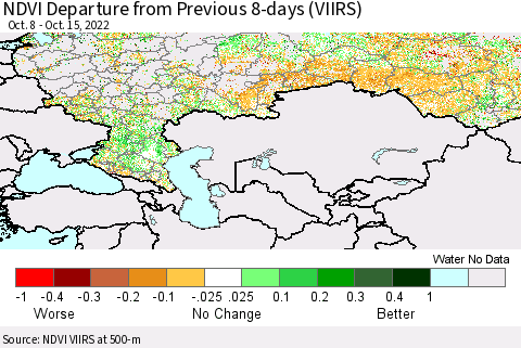 Russian Federation NDVI Departure from Previous 8-days (VIIRS) Thematic Map For 10/8/2022 - 10/15/2022