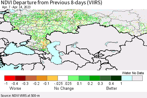 Russian Federation NDVI Departure from Previous 8-days (VIIRS) Thematic Map For 4/7/2023 - 4/14/2023