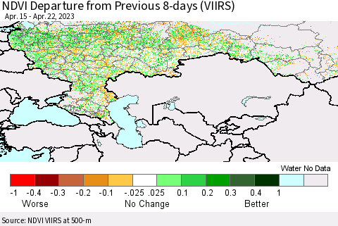 Russian Federation NDVI Departure from Previous 8-days (VIIRS) Thematic Map For 4/15/2023 - 4/22/2023