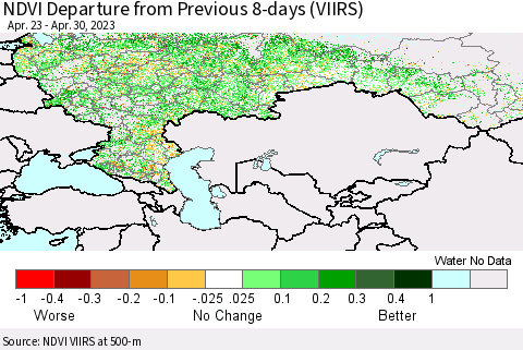 Russian Federation NDVI Departure from Previous 8-days (VIIRS) Thematic Map For 4/23/2023 - 4/30/2023