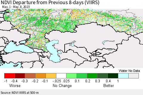 Russian Federation NDVI Departure from Previous 8-days (VIIRS) Thematic Map For 5/1/2023 - 5/8/2023