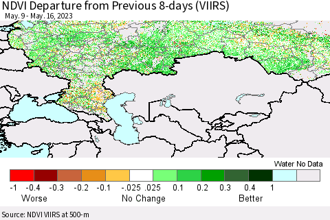Russian Federation NDVI Departure from Previous 8-days (VIIRS) Thematic Map For 5/9/2023 - 5/16/2023