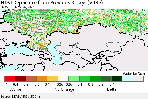 Russian Federation NDVI Departure from Previous 8-days (VIIRS) Thematic Map For 5/17/2023 - 5/24/2023