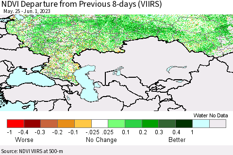 Russian Federation NDVI Departure from Previous 8-days (VIIRS) Thematic Map For 5/25/2023 - 6/1/2023