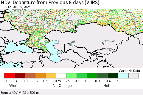 Russian Federation NDVI Departure from Previous 8-days (VIIRS) Thematic Map For 7/12/2023 - 7/19/2023